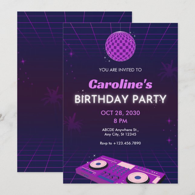 PURPLE RETRO NIGHT DJ DISCO BALL BIRTHDAY PARTY INVITATION (Front/Back)