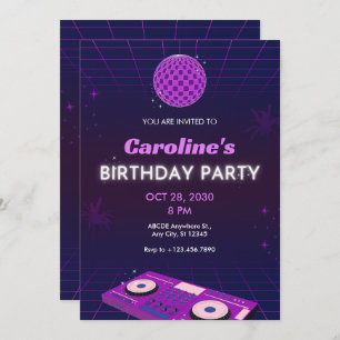PURPLE RETRO NIGHT DJ DISCO BALL BIRTHDAY PARTY INVITATION