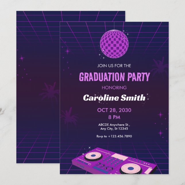PURPLE RETRO NIGHT DJ DISCO BALL GRADUATION PARTY INVITATION (Front/Back)