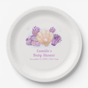 Purple Retro Pearl Seashell Baby Shower   Paper Plates