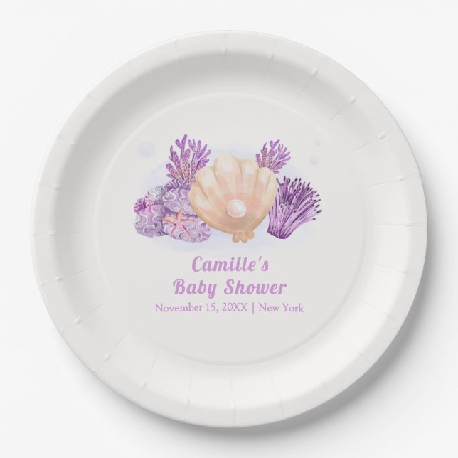 Purple Retro Pearl Seashell Baby Shower   Paper Plates (Front)