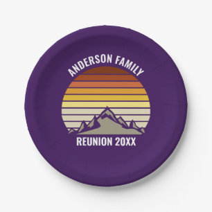Purple Retro Sunset Mountain Custom Party Paper Plates