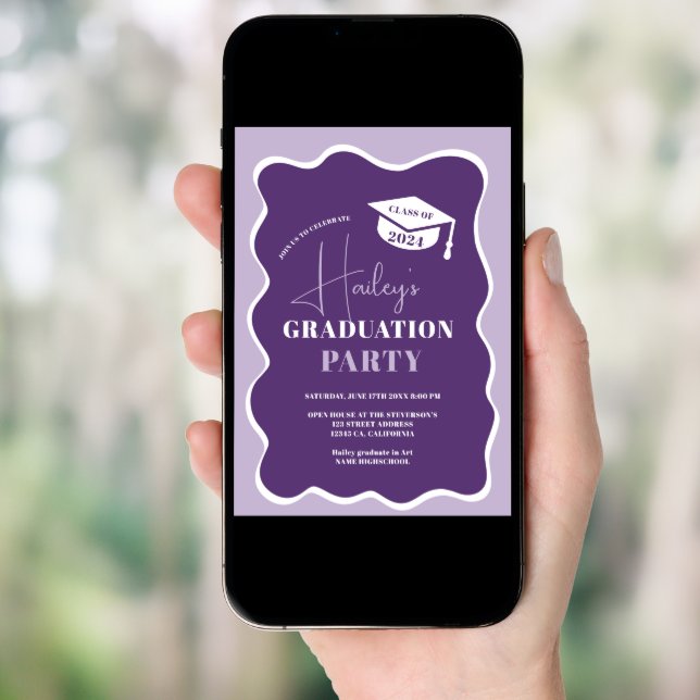 Purple retro wavy frame photo graduation invitation (Front Digital)