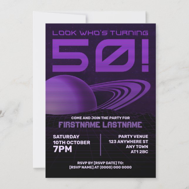 Purple Retrowave 50th Birthday Party Invitation (Front)