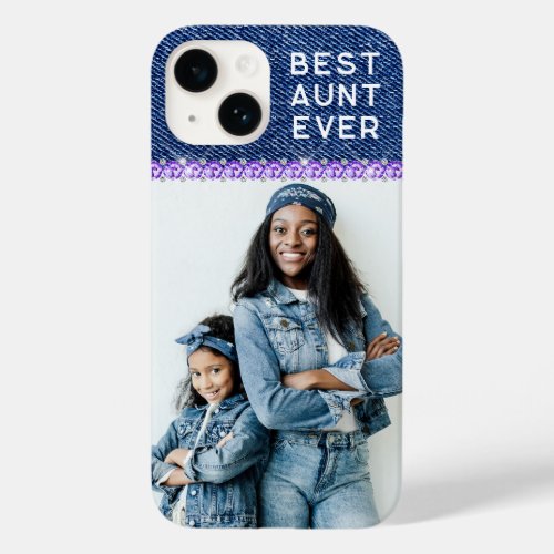 Purple Rhinestone Blue Denim Best Aunt Ever Photo Case_Mate iPhone 14 Case