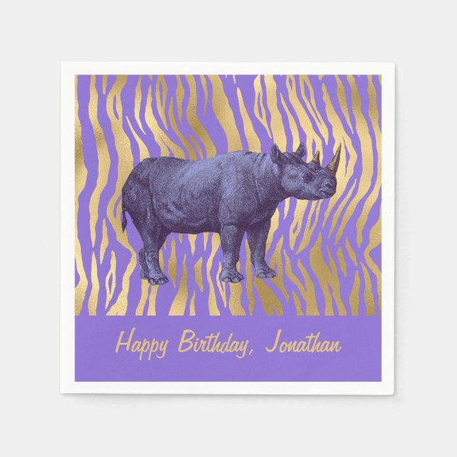 Purple Rhinoceros Happy Birthday Party Napkins (Front)