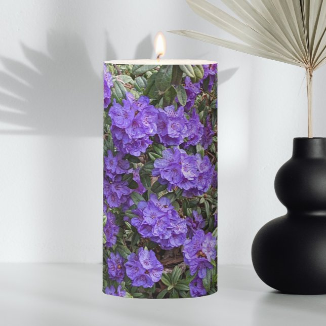 Purple Rhododendron Blooms Floral Pillar Candle (In Situ Vase)