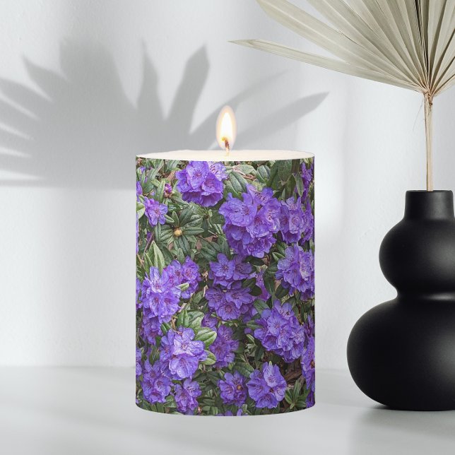 Purple Rhododendron Blooms Floral Pillar Candle (In Situ Vase)
