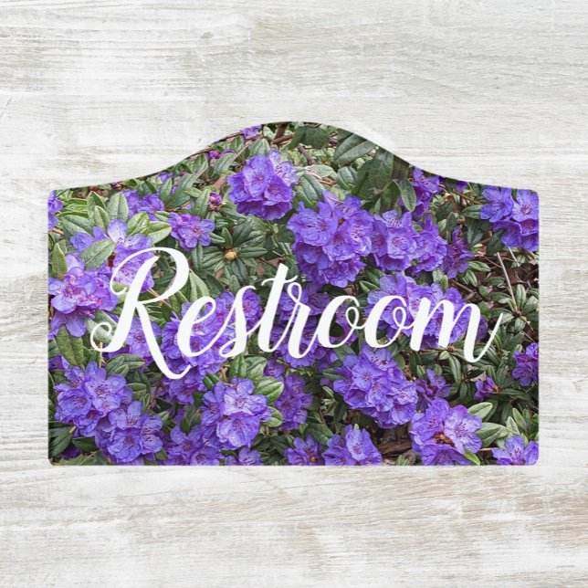 Purple Rhododendron Blooms Floral Restroom Door Sign (In Situ)