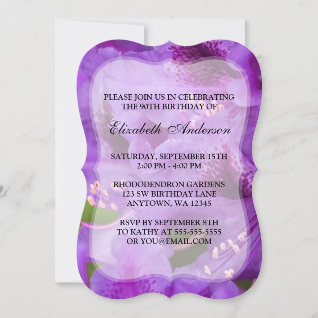 Purple Rhododendron Flowers 90th Birthday Party Invitation (Front)