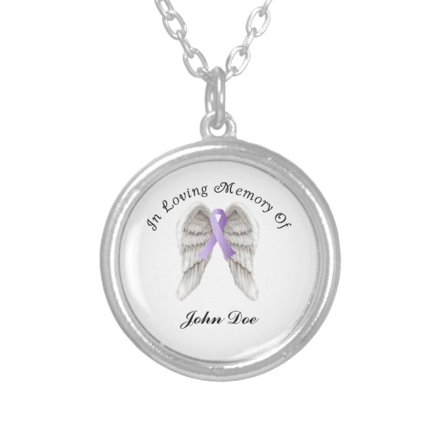 Purple Ribbon All Cancer In Memory Silver Plated Necklace (Front)