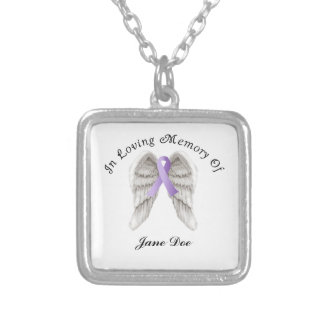 Purple Ribbon All Cancer In Memory Silver Plated Necklace