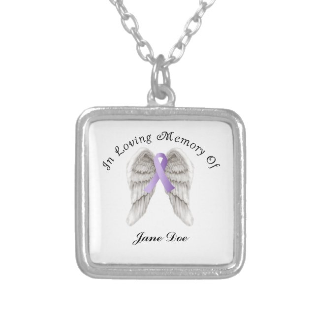 Purple Ribbon All Cancer In Memory Silver Plated Necklace (Front)