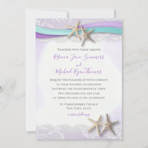 Purple Ribbon and Starfish Watercolor Wedding Invitation