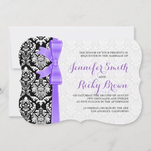 Purple Ribbon Black And White Damasks Wedding Invitation