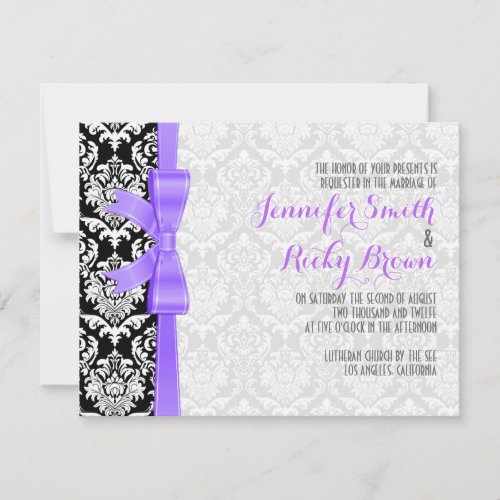 Purple Ribbon Black And White Damasks Wedding Invitation