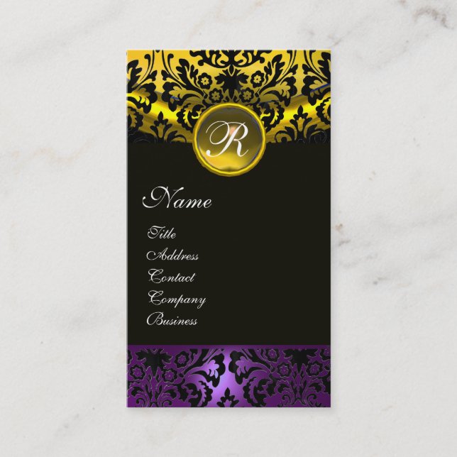 PURPLE RIBBON BLACK GOLD YELLOW  DAMASK MONOGRAM BUSINESS CARD (Front)