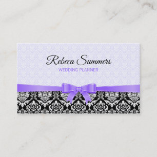 Purple Ribbon Black & White Damasks Business Card