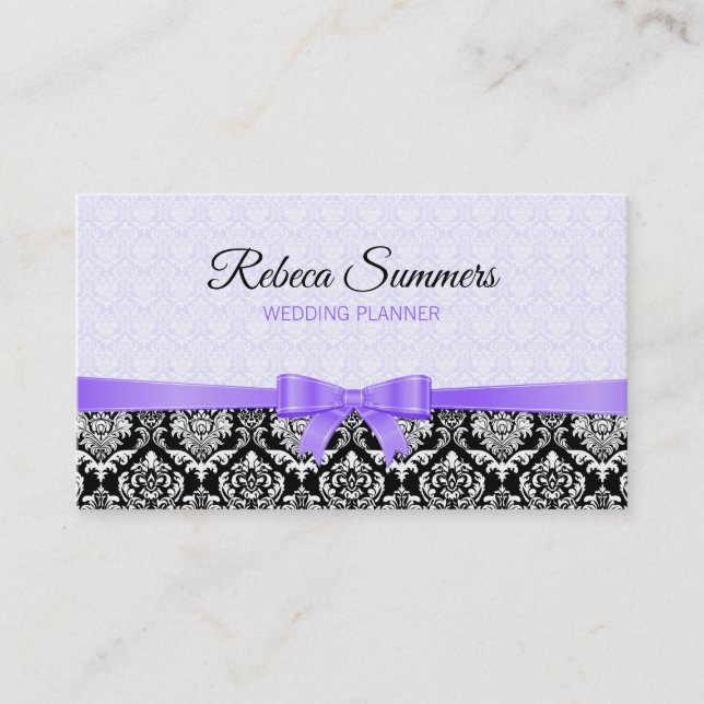 Purple Ribbon Black & White Damasks Business Card (Front)