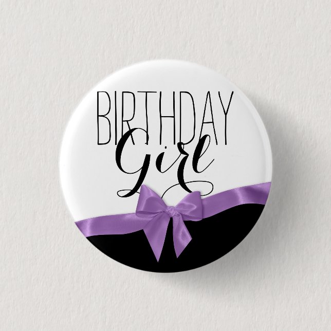 Purple Ribbon Bow Birthday Girl Pinback Button (Front)