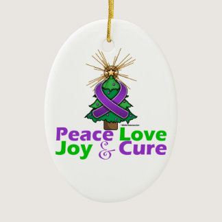 Purple Ribbon Christmas Peace Love, Joy & Cure Ceramic Ornament