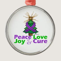 Purple Ribbon Christmas Peace Love, Joy & Cure Metal Ornament