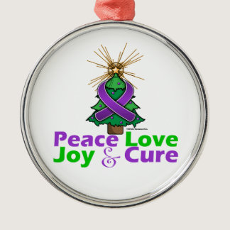Purple Ribbon Christmas Peace Love, Joy & Cure Metal Ornament