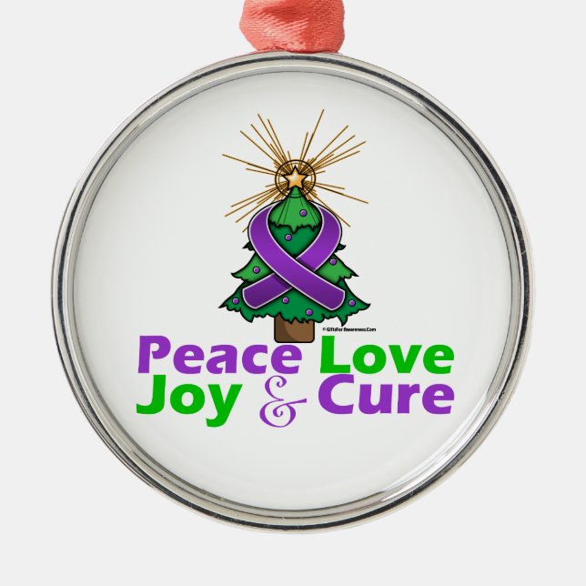 Purple Ribbon Christmas Peace Love, Joy & Cure Metal Ornament (Front)