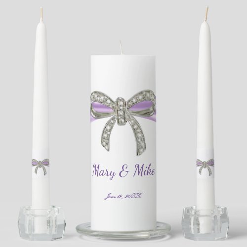 Purple Ribbon Diamond Bow Wedding Unity Candle Set