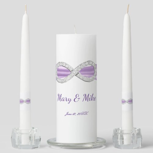 Purple Ribbon Diamond Infinity Wedding Unity Candle Set