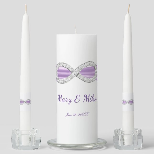 Purple Ribbon Diamond Infinity Wedding Unity Candle Set (Front)