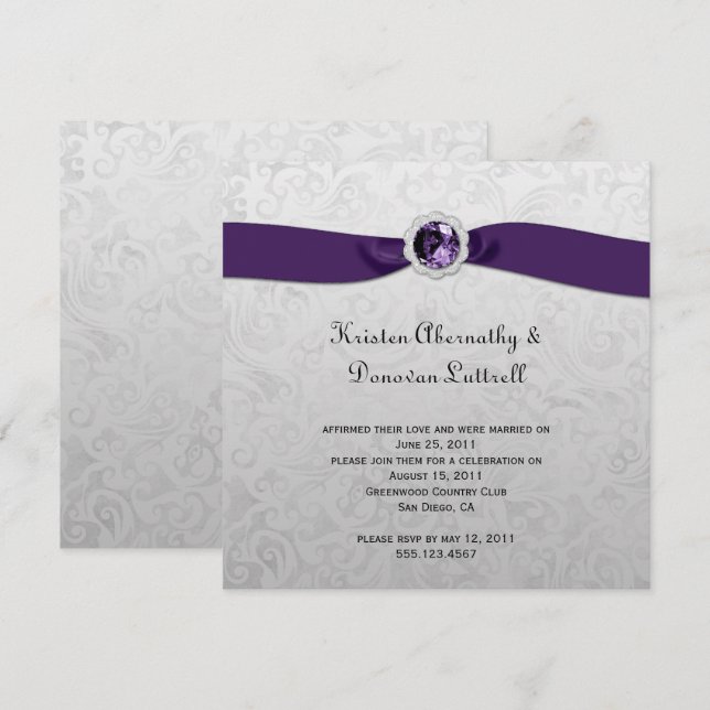 Purple Ribbon Gem Silver Post Wedding Invitation (Front/Back)