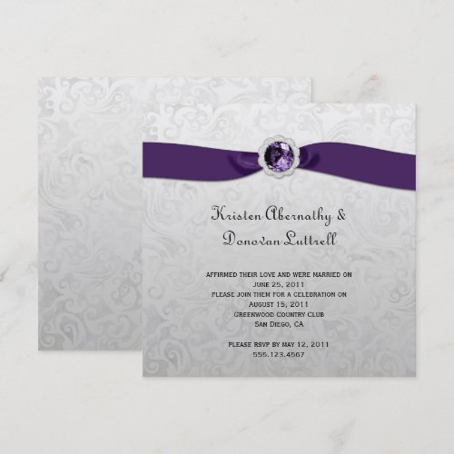 Purple Ribbon Gem Silver Post Wedding Invitation