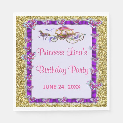 Purple Ribbon Gold Glitter Royal Princess Birthday Napkins