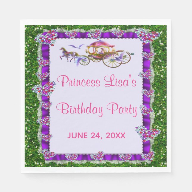 Purple Ribbon Green Glitter Royal Princess Napkins (Front)