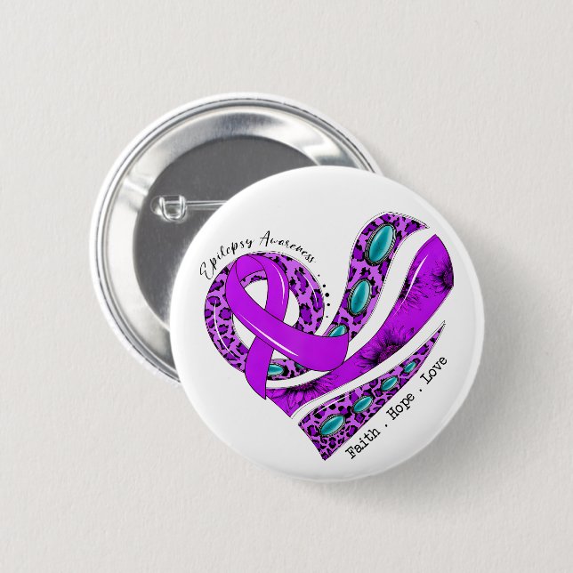 Purple Ribbon Heart Epilepsy Awareness Button (Front & Back)
