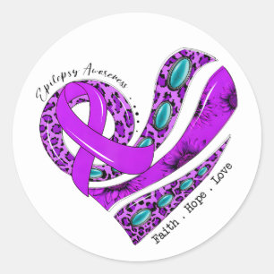 Purple Ribbon Heart Epilepsy Awareness Classic Round Sticker
