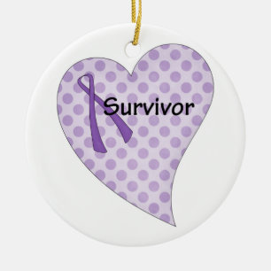 Purple ribbon & heart survivor orament ceramic ornament