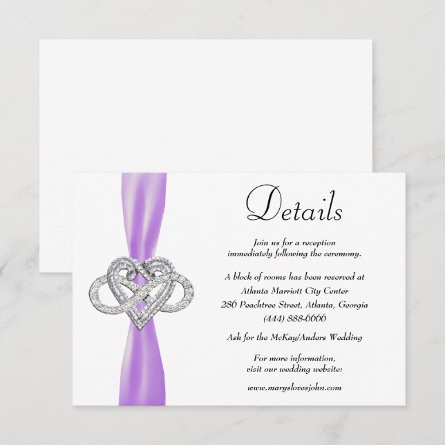 Purple Ribbon Infinity Heart Wedding Details Enclosure Card (Front/Back)