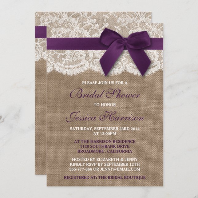 Purple Ribbon On Burlap & Lace Bridal Shower Invitation (Front/Back)