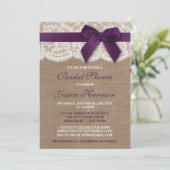 Purple Ribbon On Burlap & Lace Bridal Shower Invitation (Standing Front)
