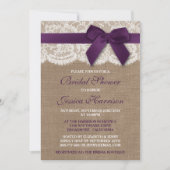 Purple Ribbon On Burlap & Lace Bridal Shower Invitation (Front)