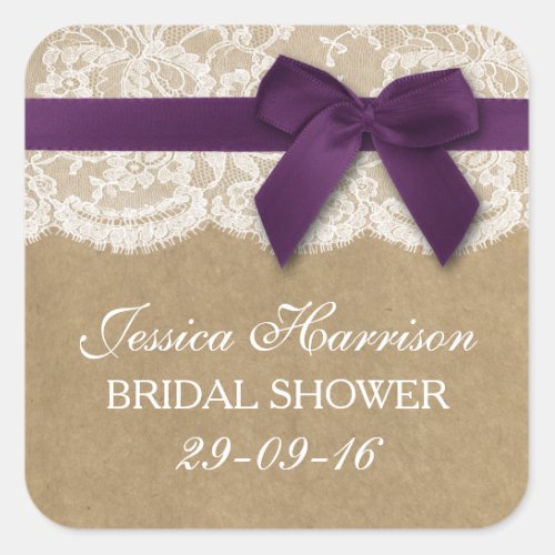 Purple Ribbon On Kraft  Lace Bridal Shower Square Sticker