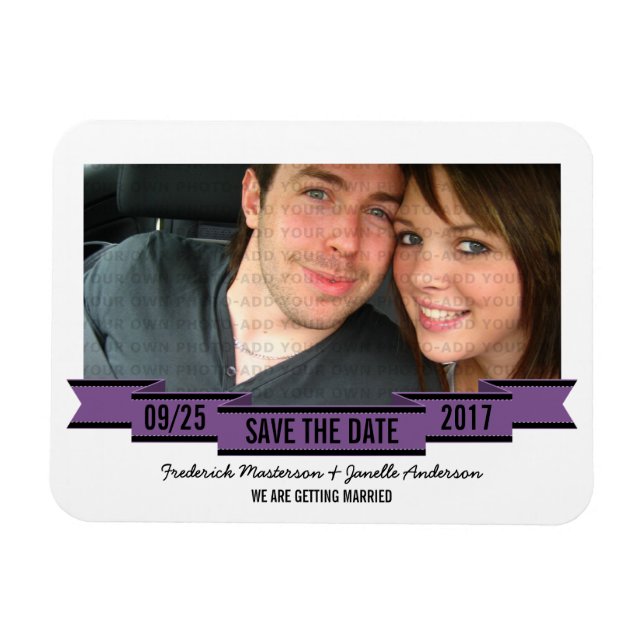 Purple Ribbon Photo Save the Date Magnet (Horizontal)