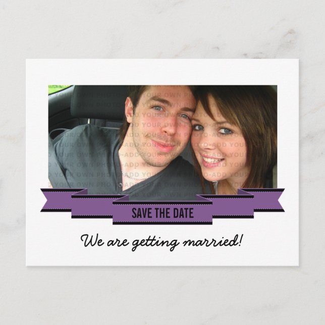 Purple Ribbon Photo Save the Date Postcard (Front)