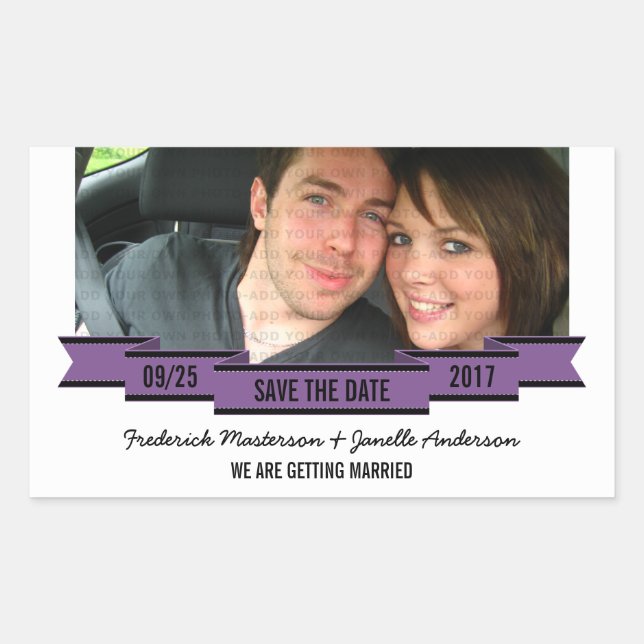 Purple Ribbon Photo Save the Date Stickers (Front)