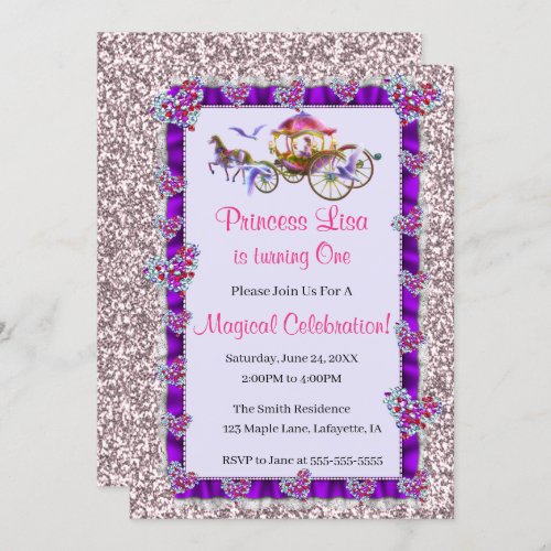 Purple Ribbon Pink Glitter Royal Princess Birthday Invitation