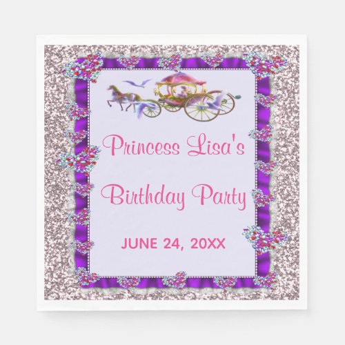 Purple Ribbon Pink Glitter Royal Princess Birthday Napkins