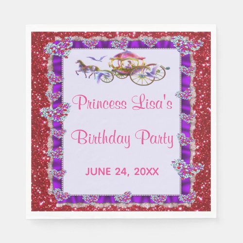 Purple Ribbon Red Glitter Royal Princess Birthday Napkins