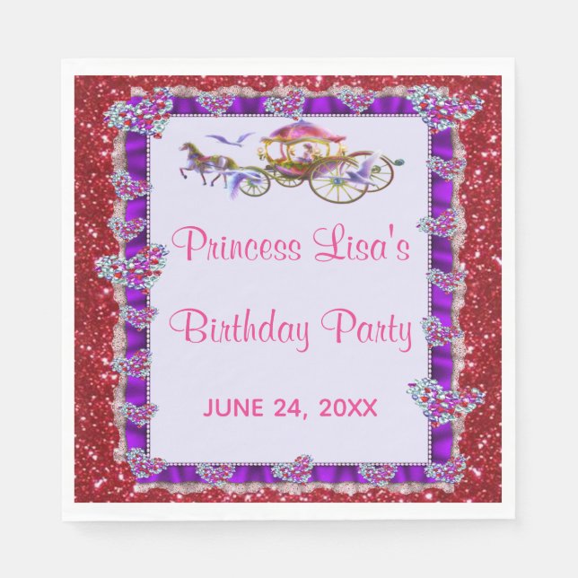 Purple Ribbon Red Glitter Royal Princess Birthday Napkins (Front)